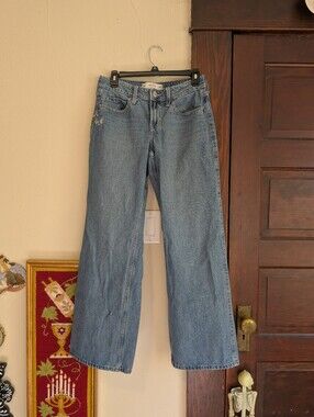 Hollister Women's 0 Medium‎ Wash Low-rise Baggy Jeans Butterfly Embroidered